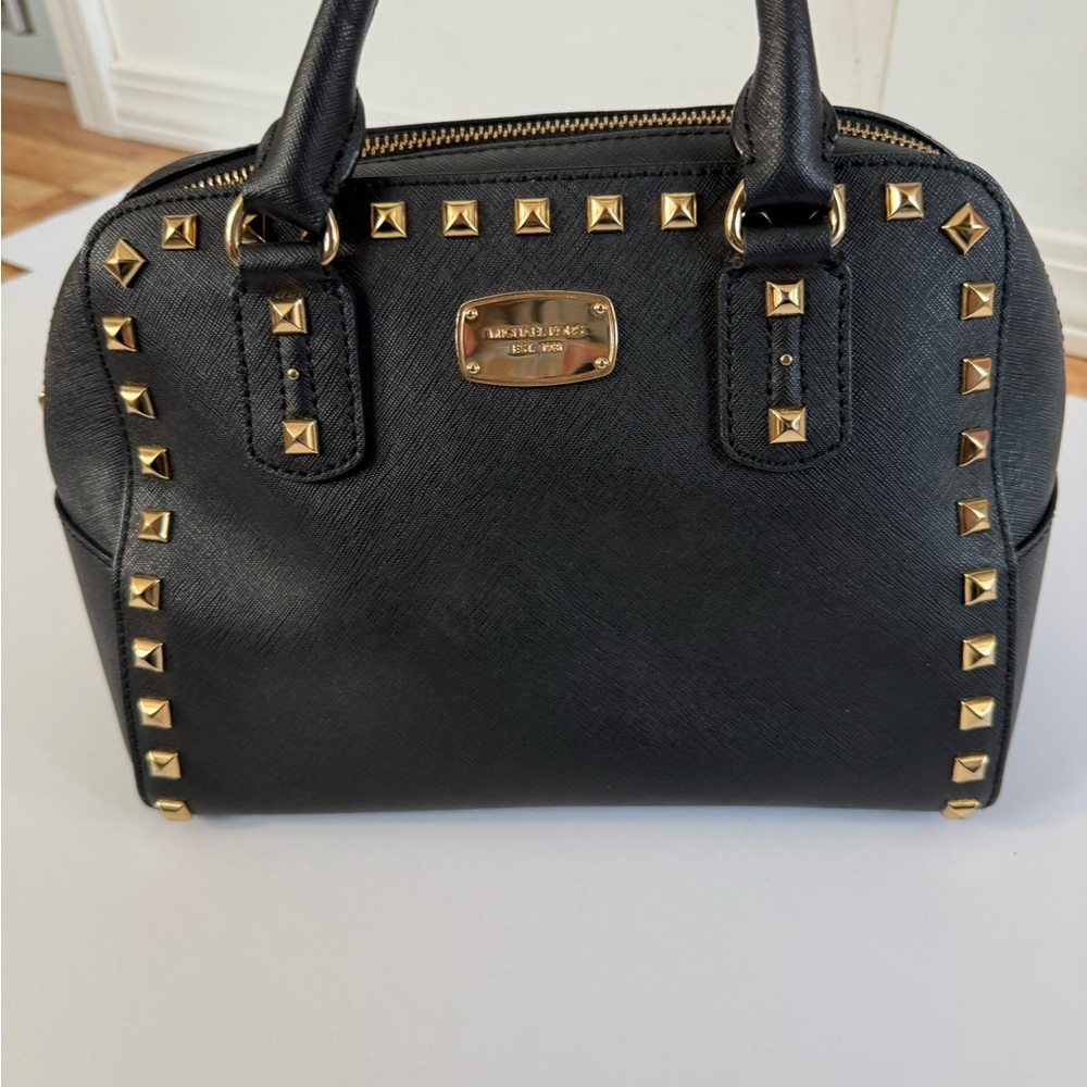 Michael Kors Black Saffiano Satchel with Gold Stud Accents